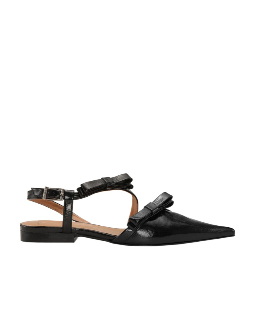 Ganni Multi Bow Pointy Cut Out Black Naplack Ballerinas In Black