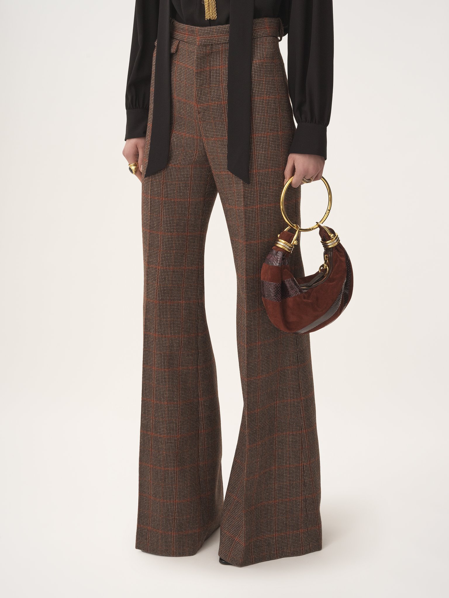 Chloé Wool Check High-rise Flared Pants In Brown