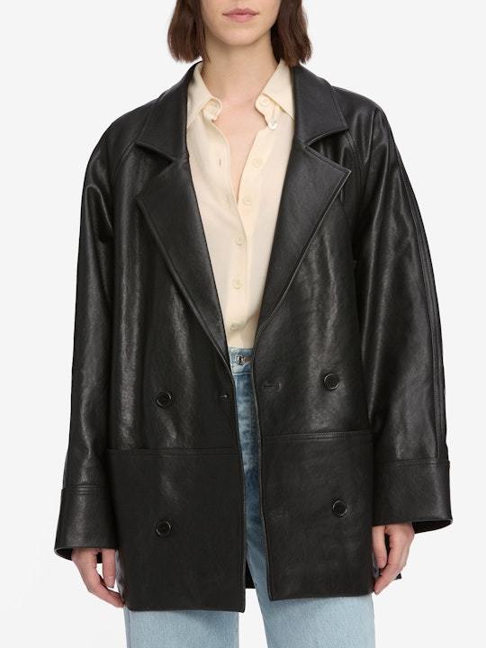 Frame Double-breasted Leather Jacket In Black
