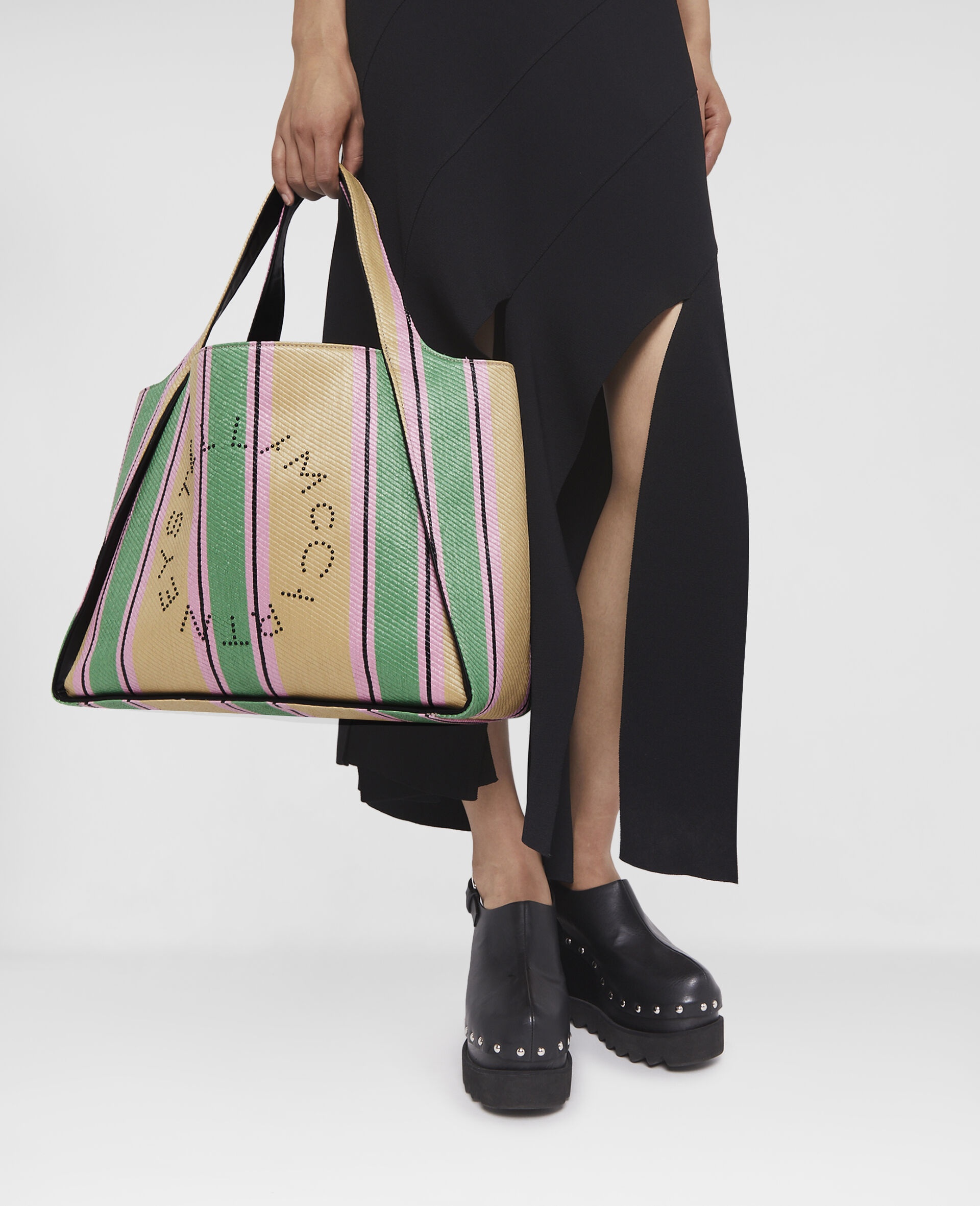 Stella Mccartney Stripe-print Raffia Tote Bag In Nude