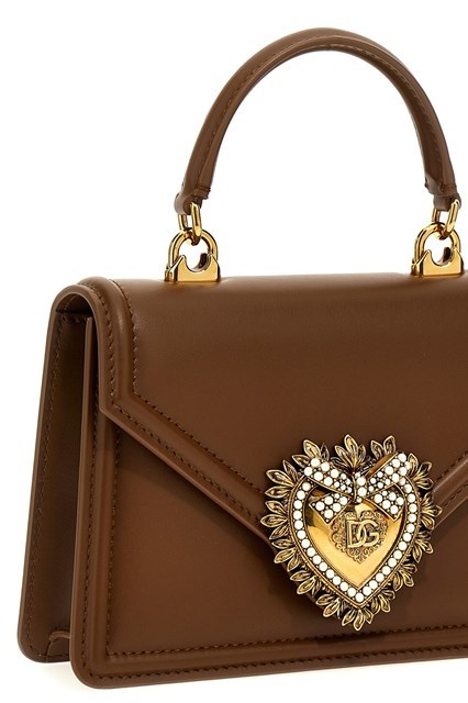 Dolce & Gabbana Heart Embellishment Small Leather Handbag In Brown