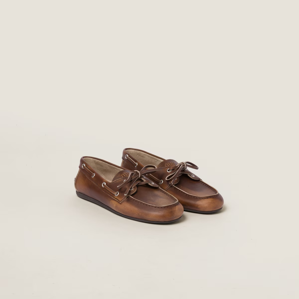 Miu Miu Burnt Brown Moccasin In Vintage Effect Leather In Multi