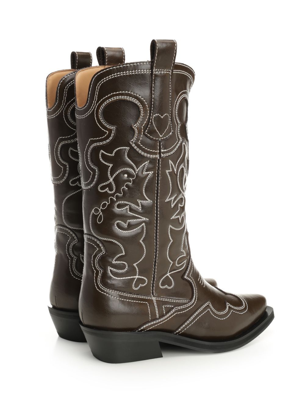 Ganni Mid Shaft Embroidered Western Boot Oleatex Boots Black