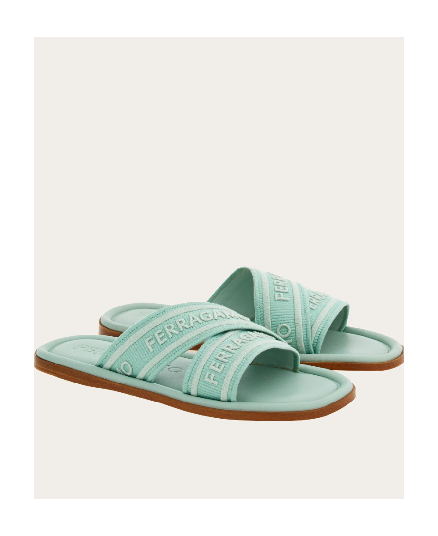 Ferragamo Laurene Logo Cotton Flat Sandals In Green