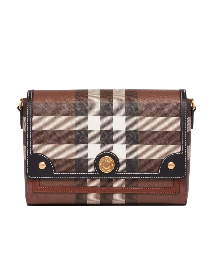 Burberry Womens Dark Birch Brown Note Check-print Coated Cotton Shoulder Bag In Brown
