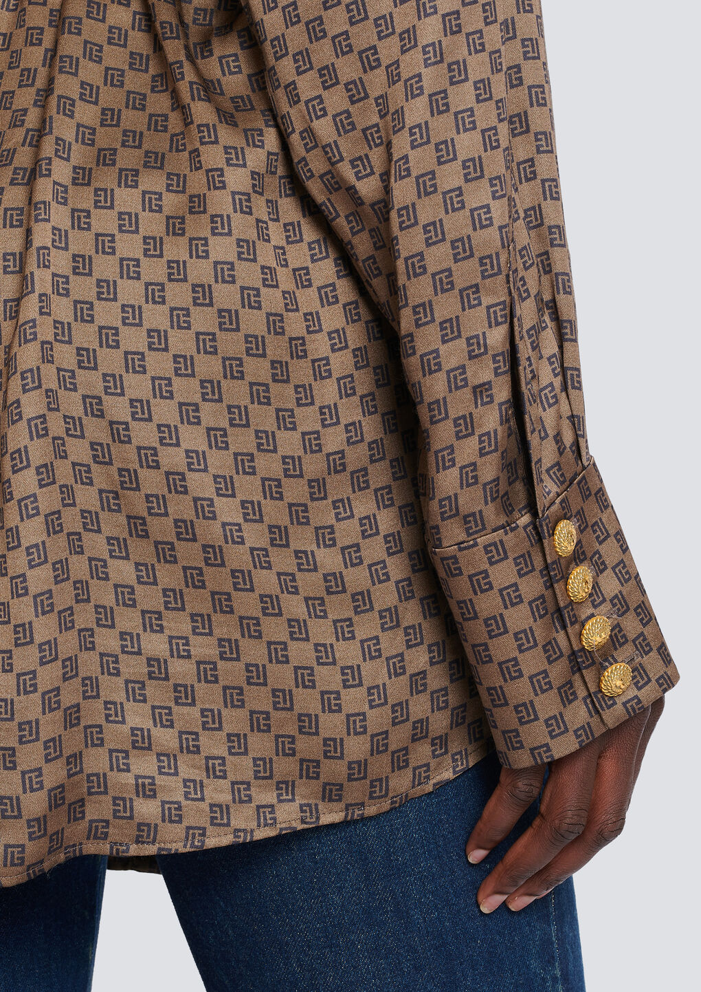 Balmain Silk Shirt With A Mini Monogram Print In Brown