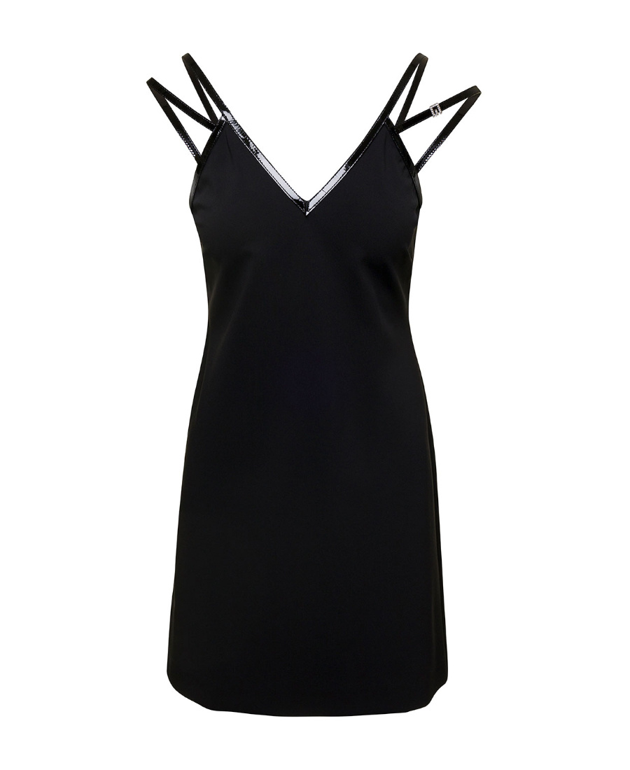 Gucci Mini Black Dress With Black Leather Trim And Double Strap In Stretch Viscose Woman In Black