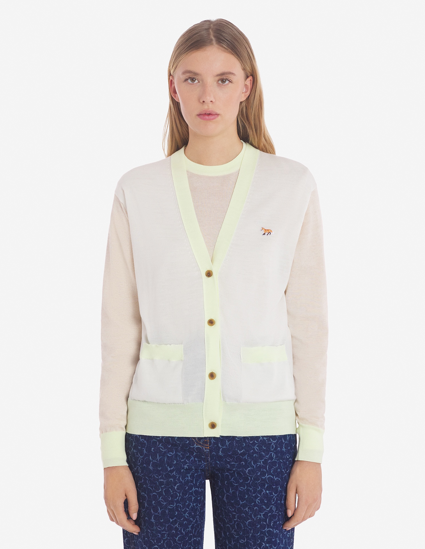 MAISON KITSUNÉ MAISON KITSUNÉ BABY FOX PATCH COLOR BLOCK KNIT CARDIGAN 