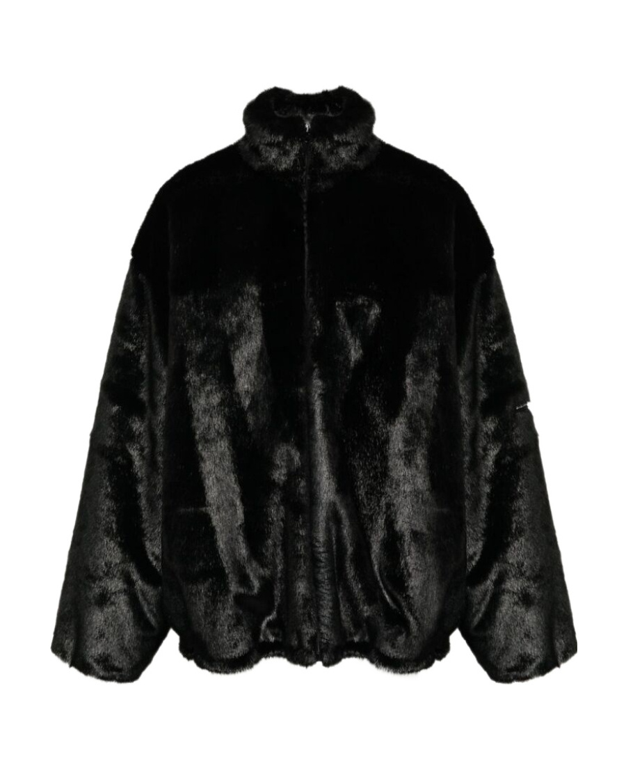 Balenciaga Logo Patch Faux Fur Jacket In Black