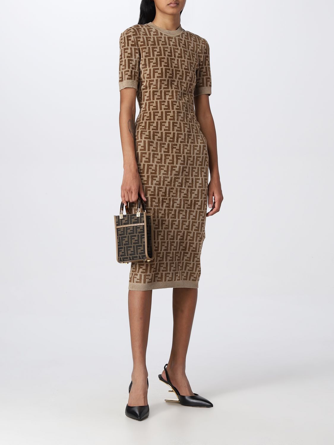 Fendi Monogram Knitted Dress In Brown