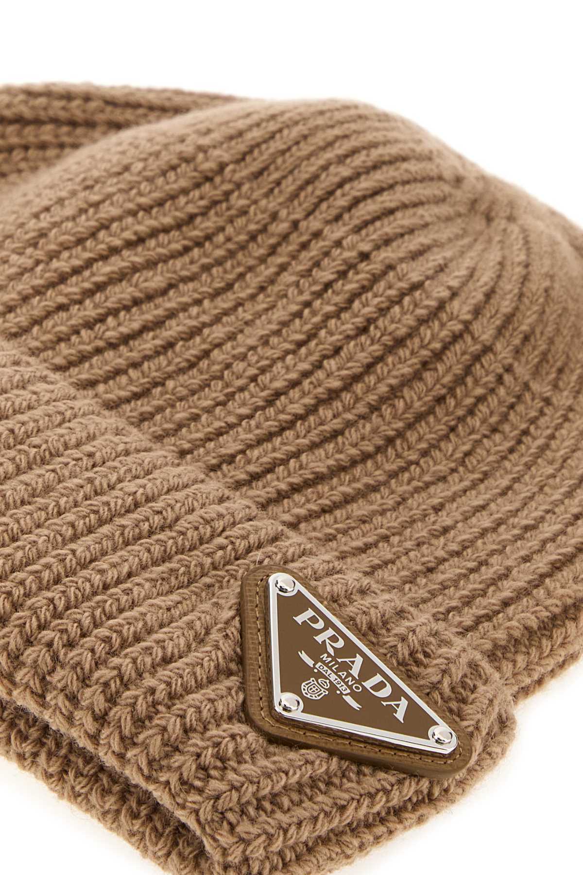 Prada Camel Wool Blend Beanie Hat In Brown