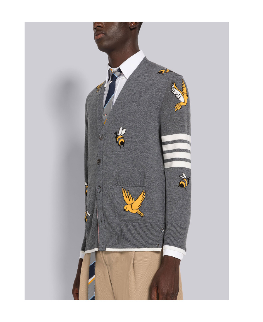 Thom Browne Birds And Bees Knitted Wool Cardigan In Gray