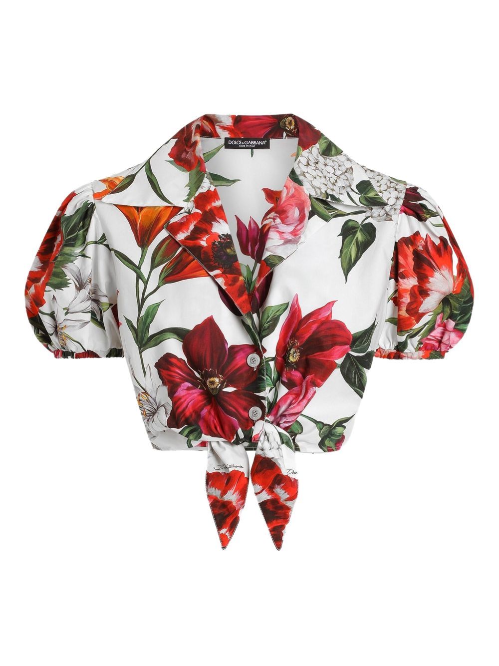 Dolce & Gabbana Anemone Floral Popeline Puff-sleeve Tie Crop Shirt