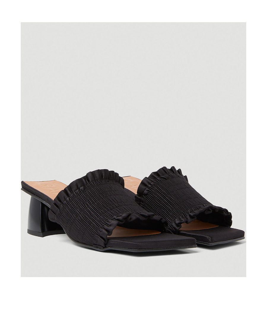 Shop Ganni Shirred Satin Mules In Black