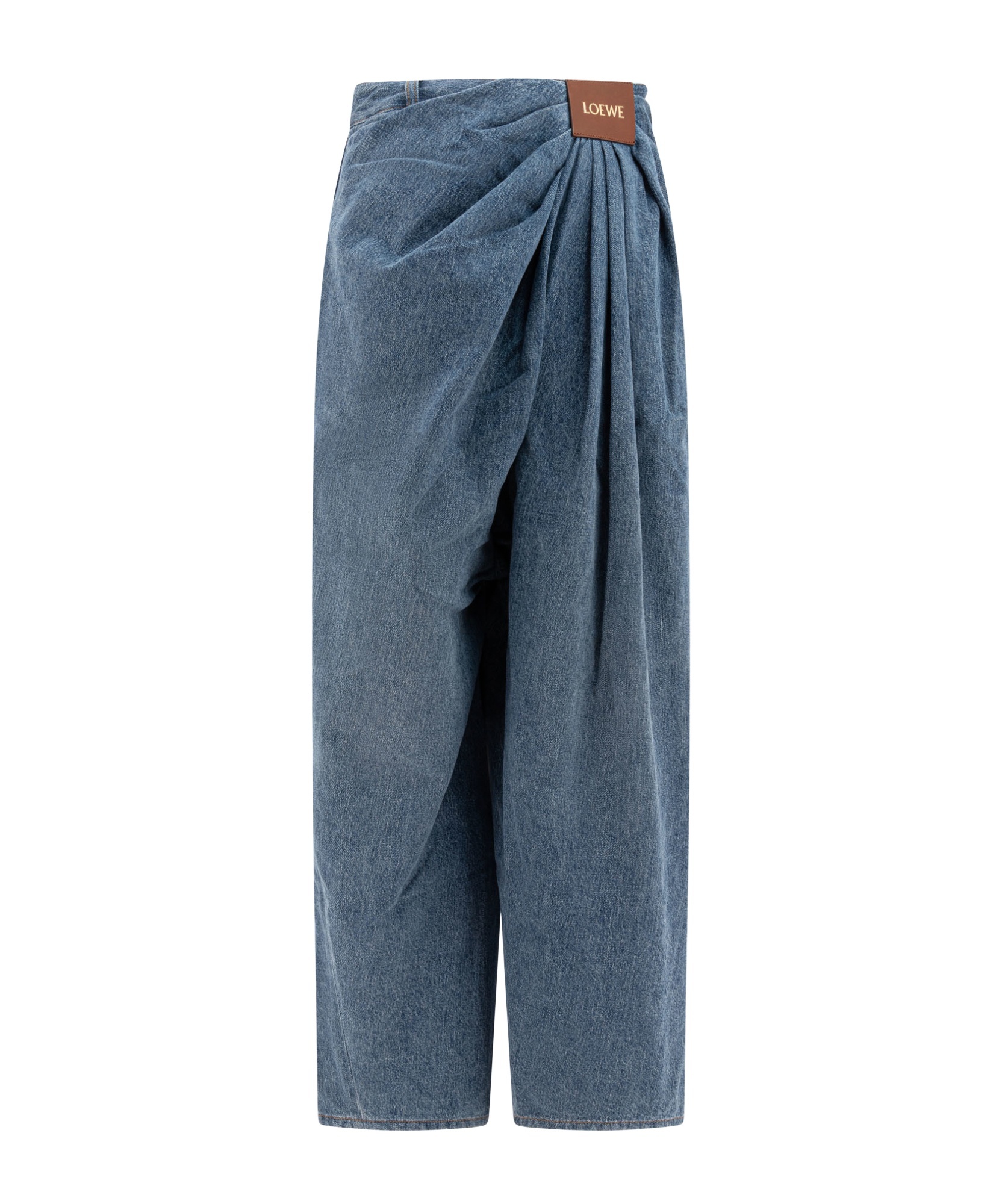 Loewe Leather-trimmed Draped Gathered High-rise Wide-leg Jeans In Blue