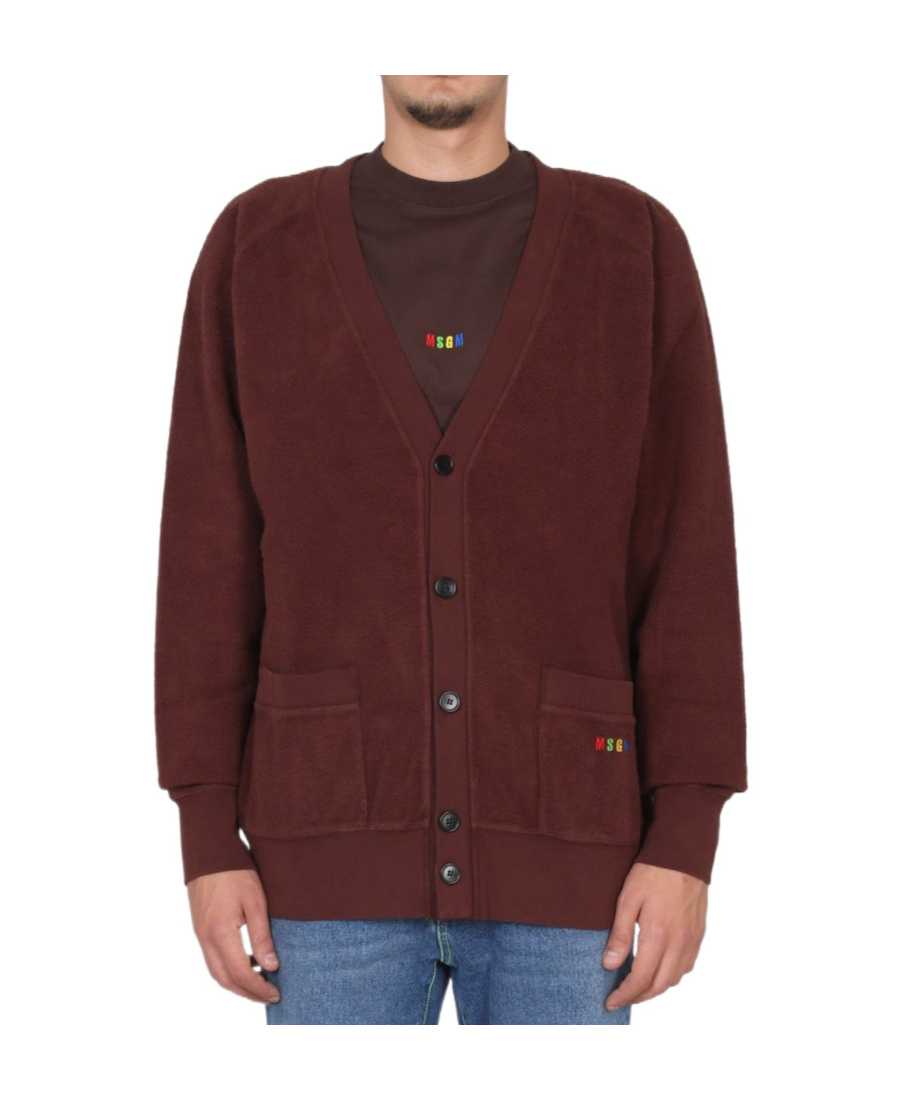 Msgm Classic V-neck Cardigan With Ribbed Accents In Red