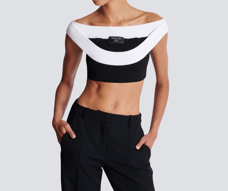 Balmain Two-tone Knit Cropped Top With Double Neckline In White