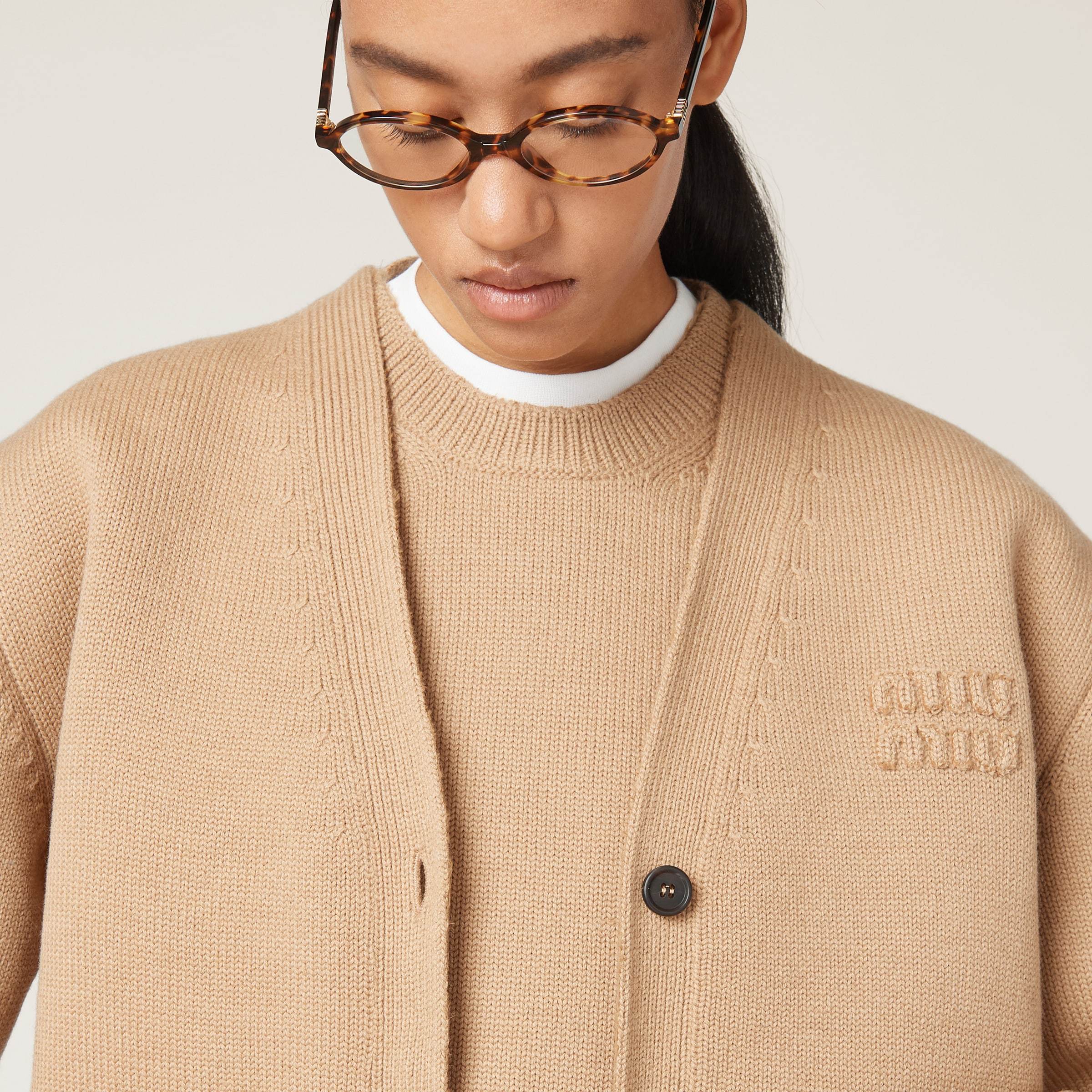 Miu Miu Logo-embroidered Wool Blend Cardigan In Nude