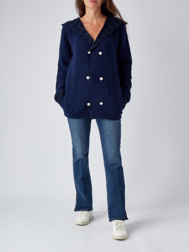 Balmain Double-breasted Hooded Jacket In Blue