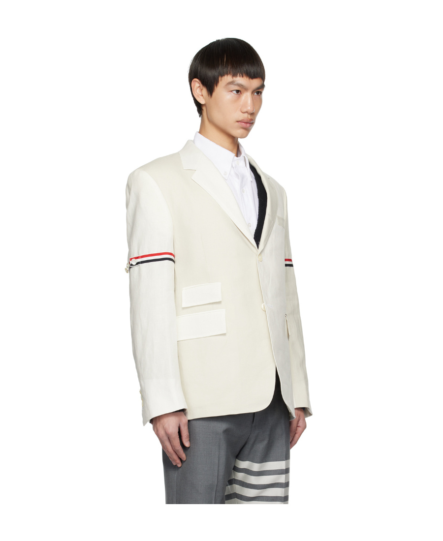 Thom Browne Rwb Stripe Single-breasted Linen Blazer In White