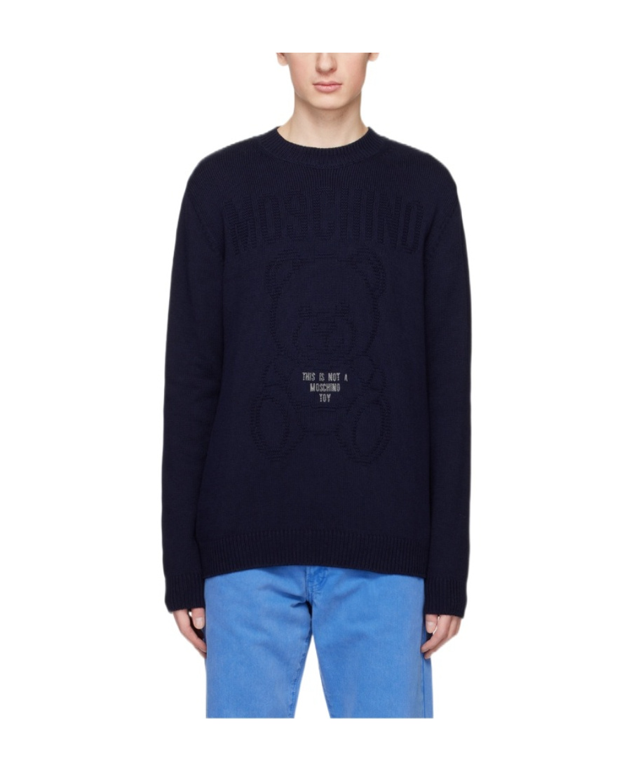 Moschino Cotton Crewneck Sweater With Teddy Bear Pattern In Black
