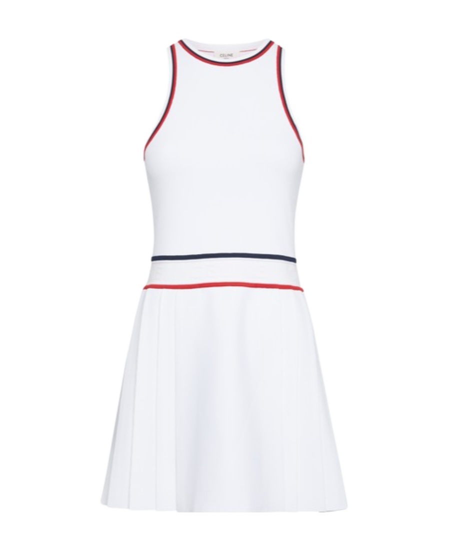 Celine Atheletic Short Sleeveless Dress With Red And Blu Profiles Pleated Skirt White In Viscose Woman In White