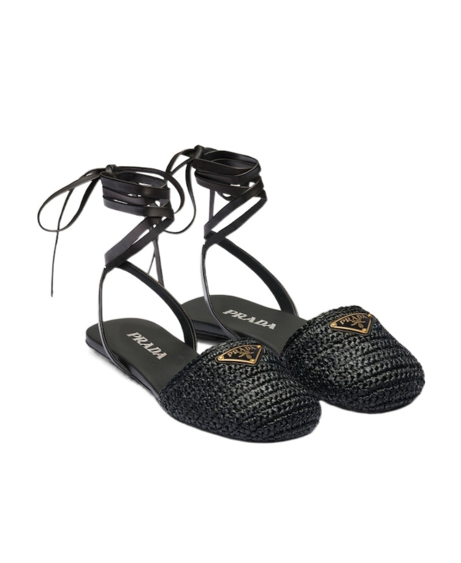 Prada Logo-plaque Woven-raffia Sandals In Black