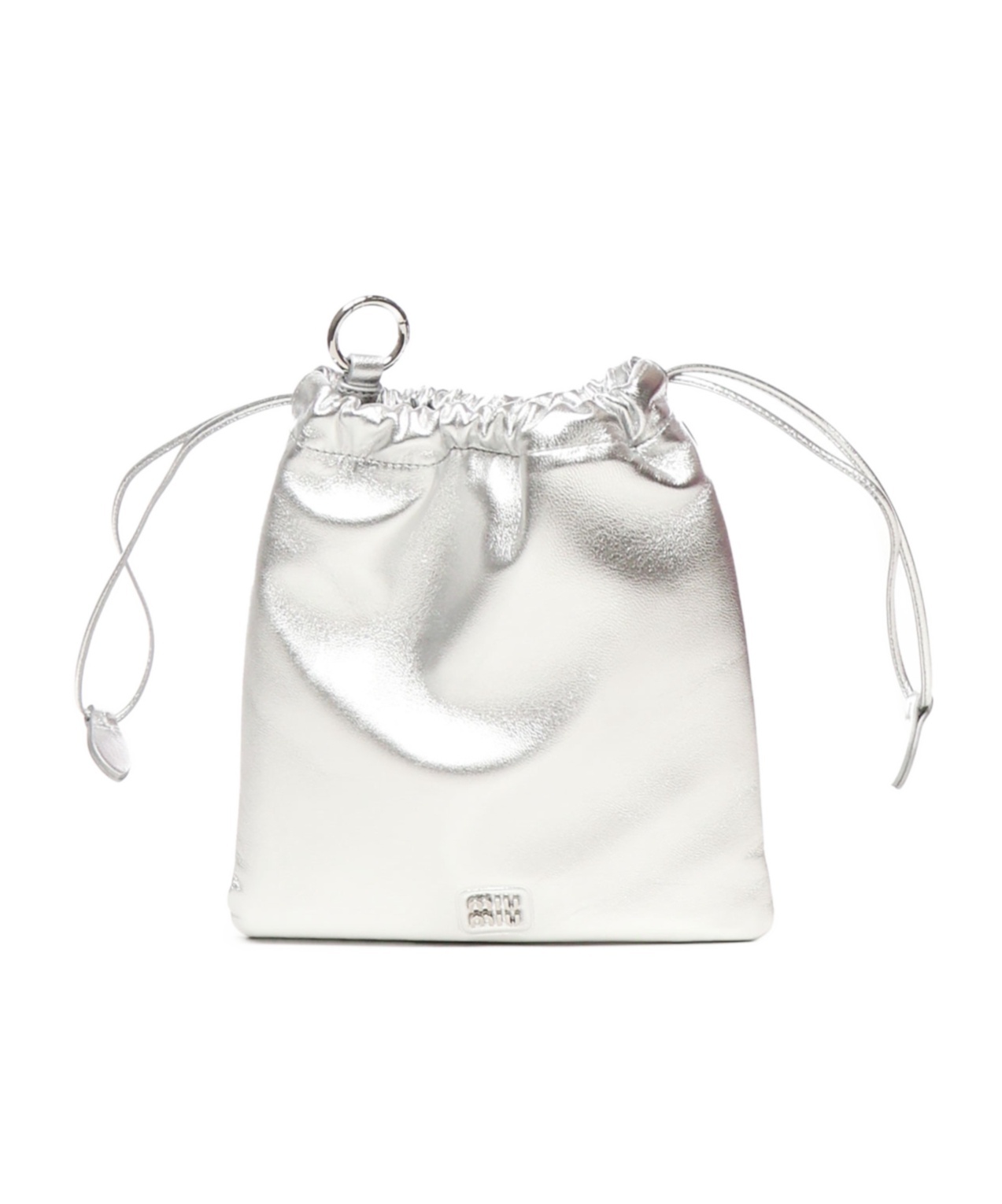Miu Miu Logo Plaque Metallic Leather Pouch Bag In White