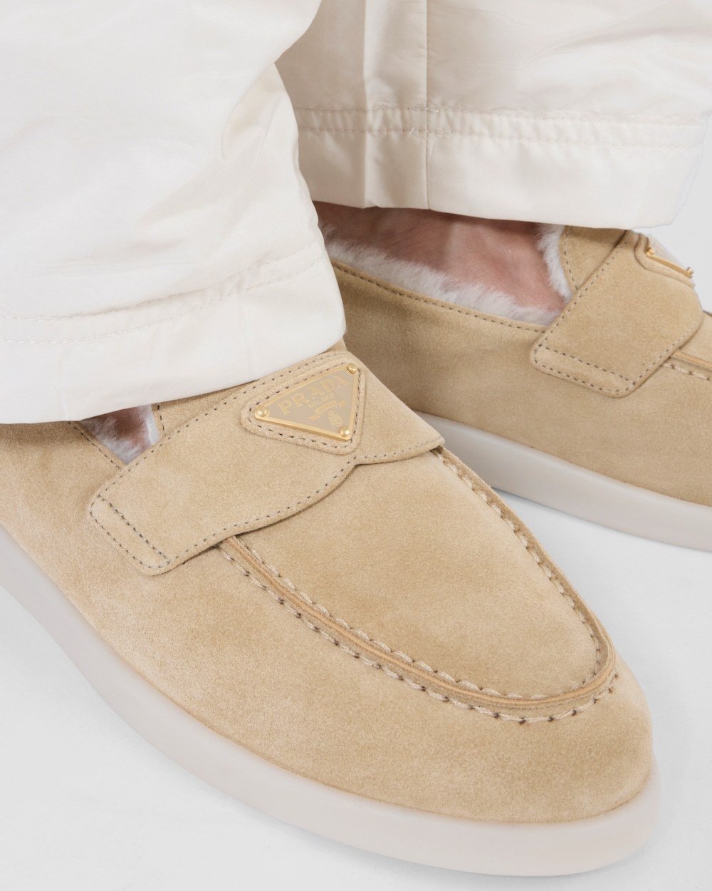 Prada St Tropez Suede Shearling Loafers In Brown