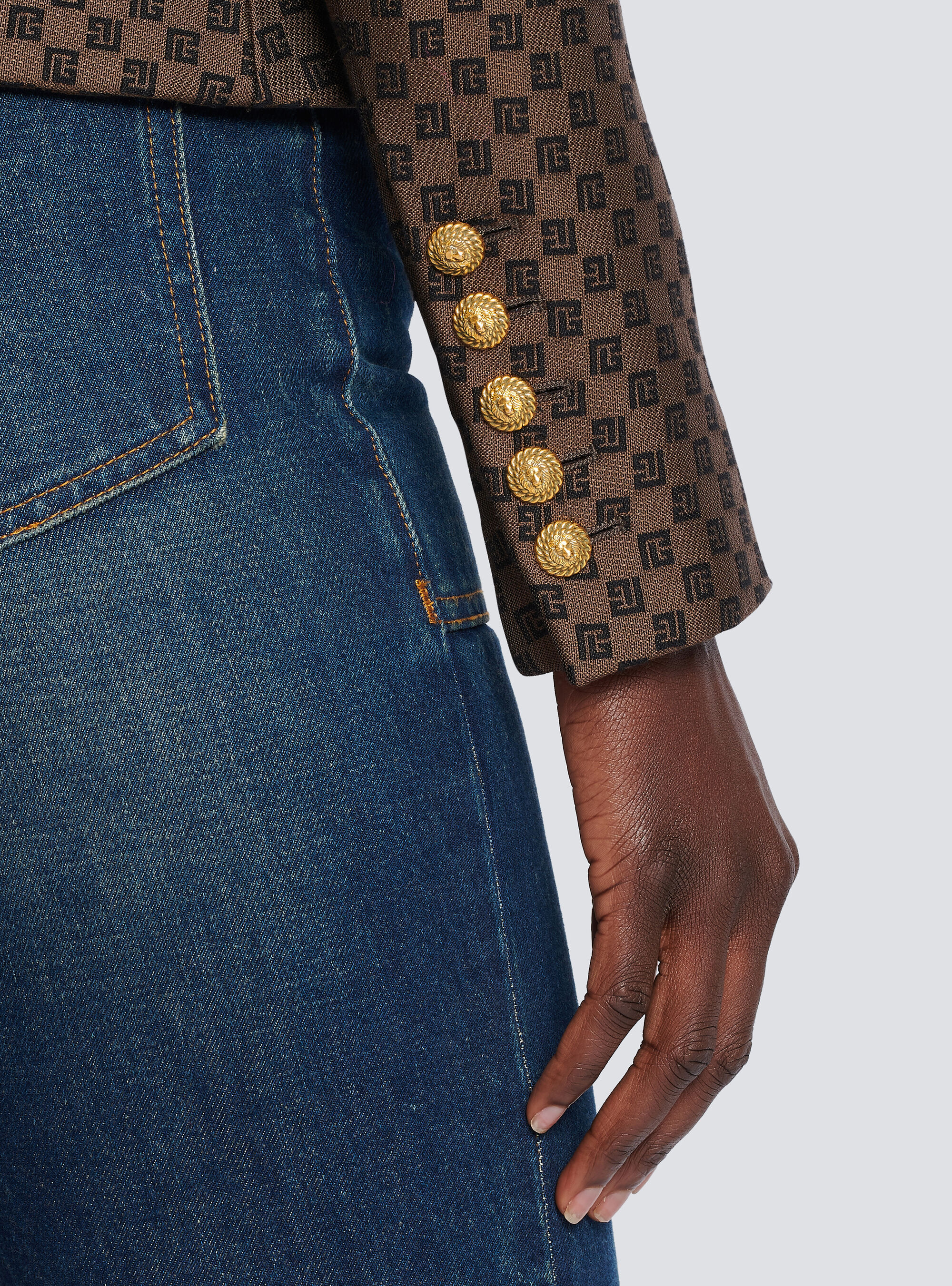 Balmain 8-button Monogram Jacquard Blazer Jacket In Brown