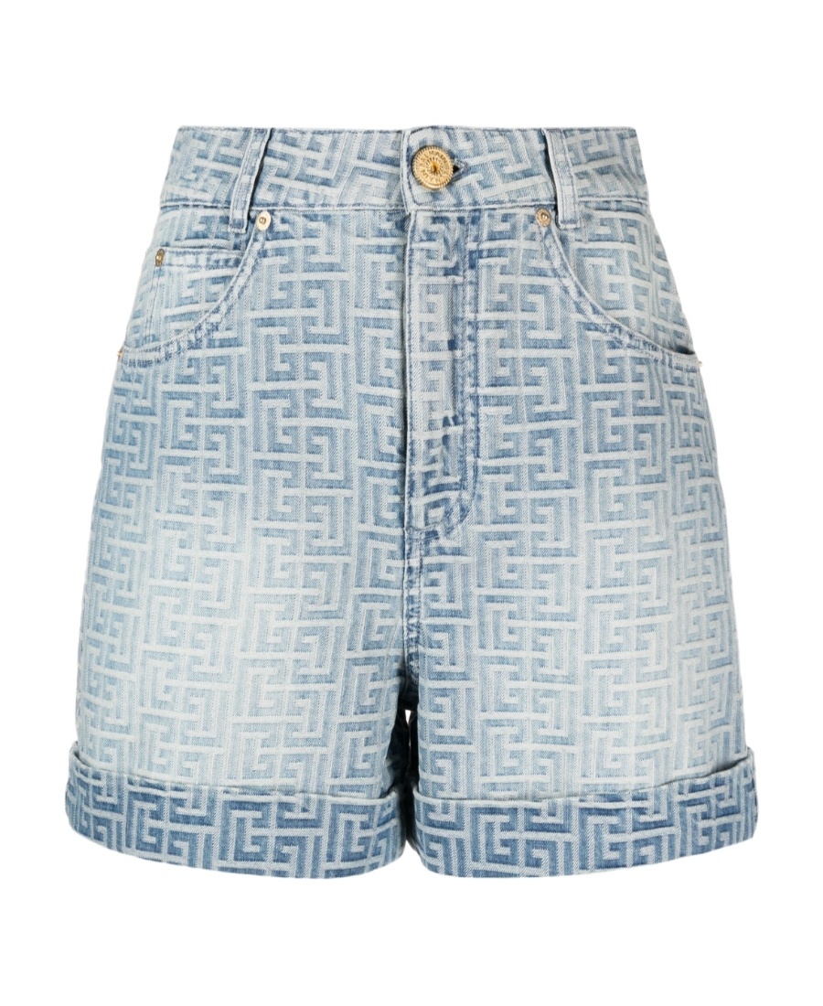 Balmain Denim Wide Leg Shorts With All-over Pattern In White