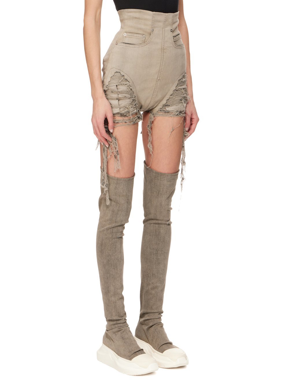 Rick Owens Drkshdw High-waisted Fringed Denim Shorts In Nude