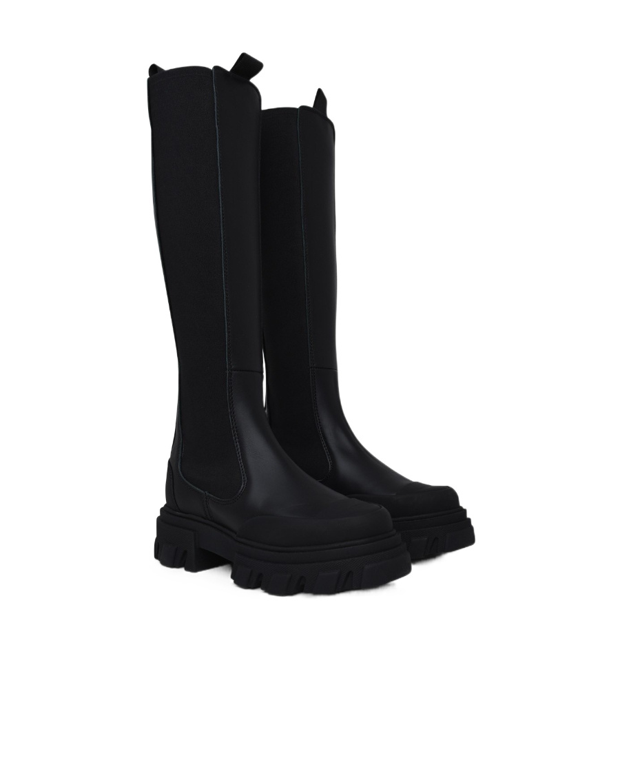 Ganni Knee-high Leather Chelsea Boots In Black