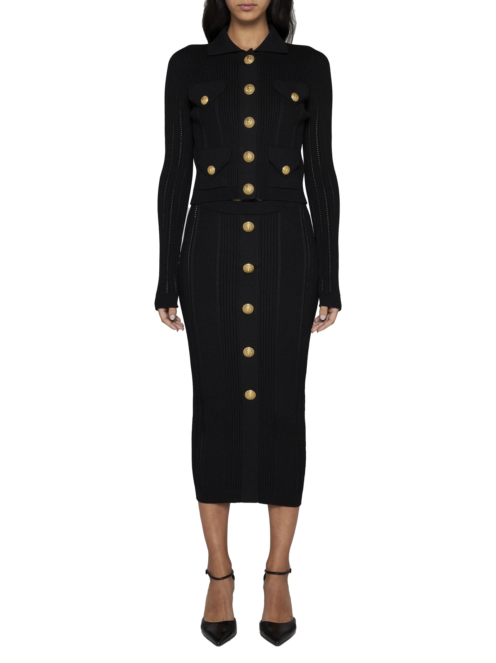 Shop Balmain Ribbed-knit Midi Skirt In Black