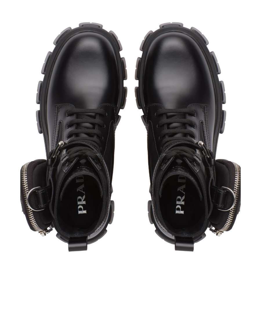 PRADA MONOLITH LEATHER AND NYLON FABRIC BOOTS 