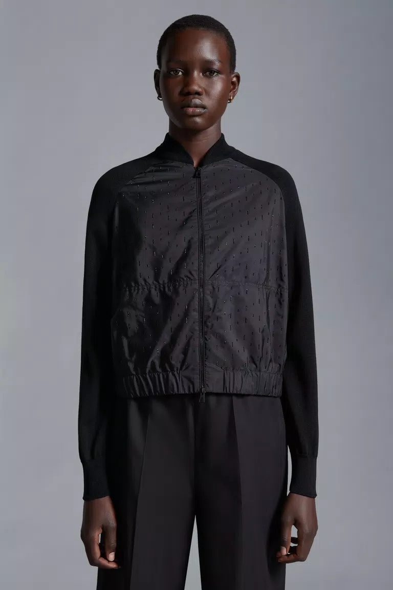 Moncler Crystal Zipper Cardigan In Black