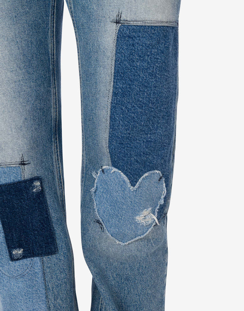 Moschino Straight Patchwork Trousers Heart Patch In Blue