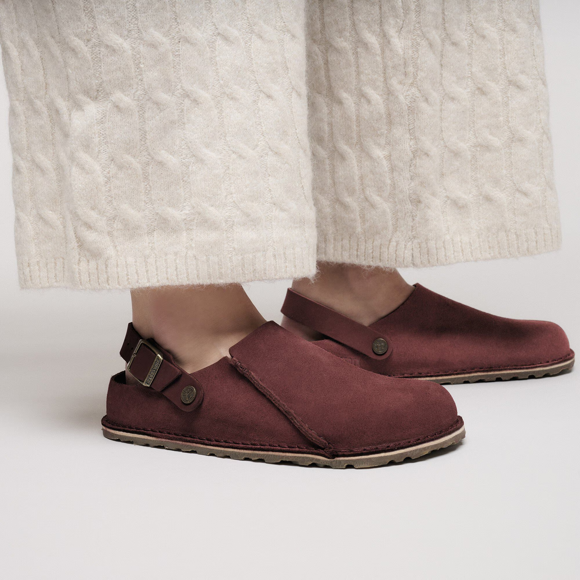 Birkenstock Lutry Premium Suede Mules In Burgundy