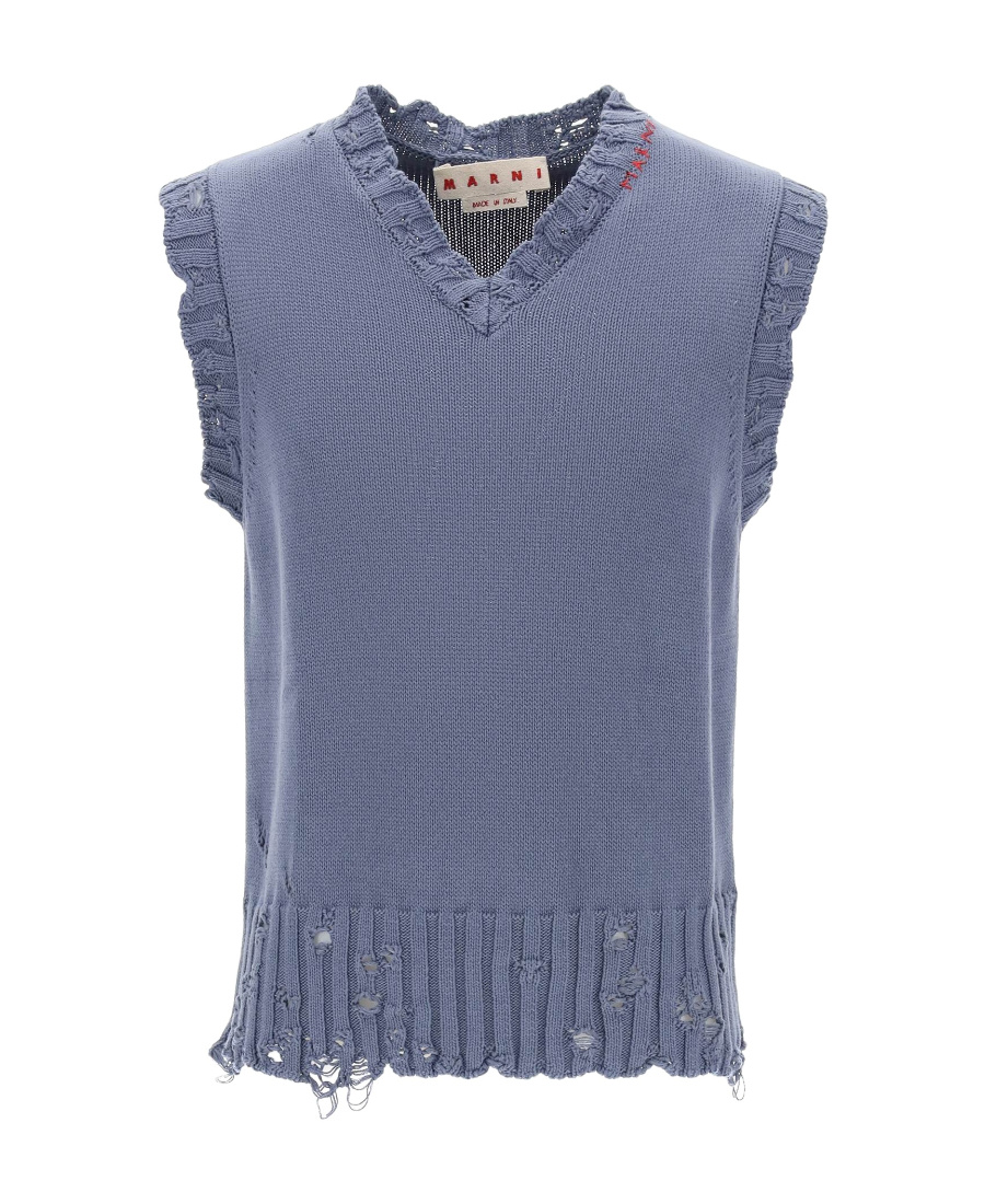 Marni Distressed V-neck Knit Vest In Blue