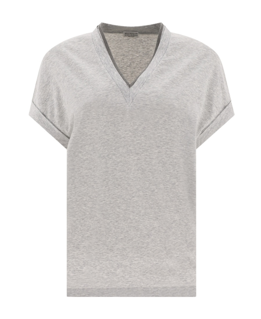 Brunello Cucinelli Embellished V-neck T-shirt In Gray