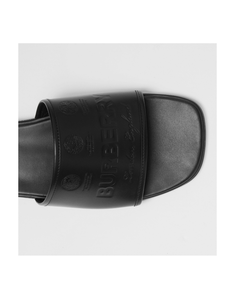 BURBERRY EMBOSSED LABEL LEATHER SLIDES