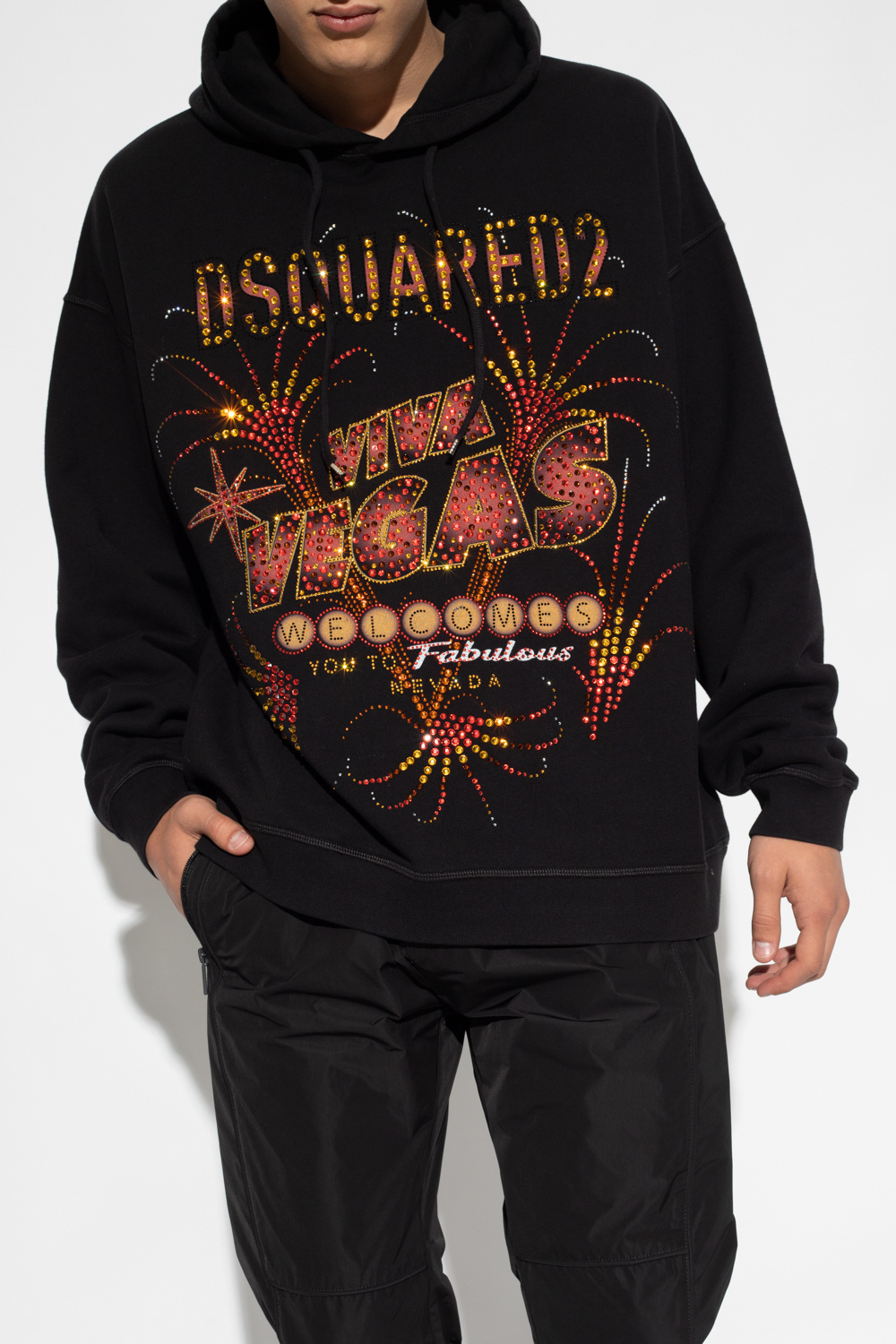 Dsquared2 Las Vegas Print Cotton Hoodie In Black