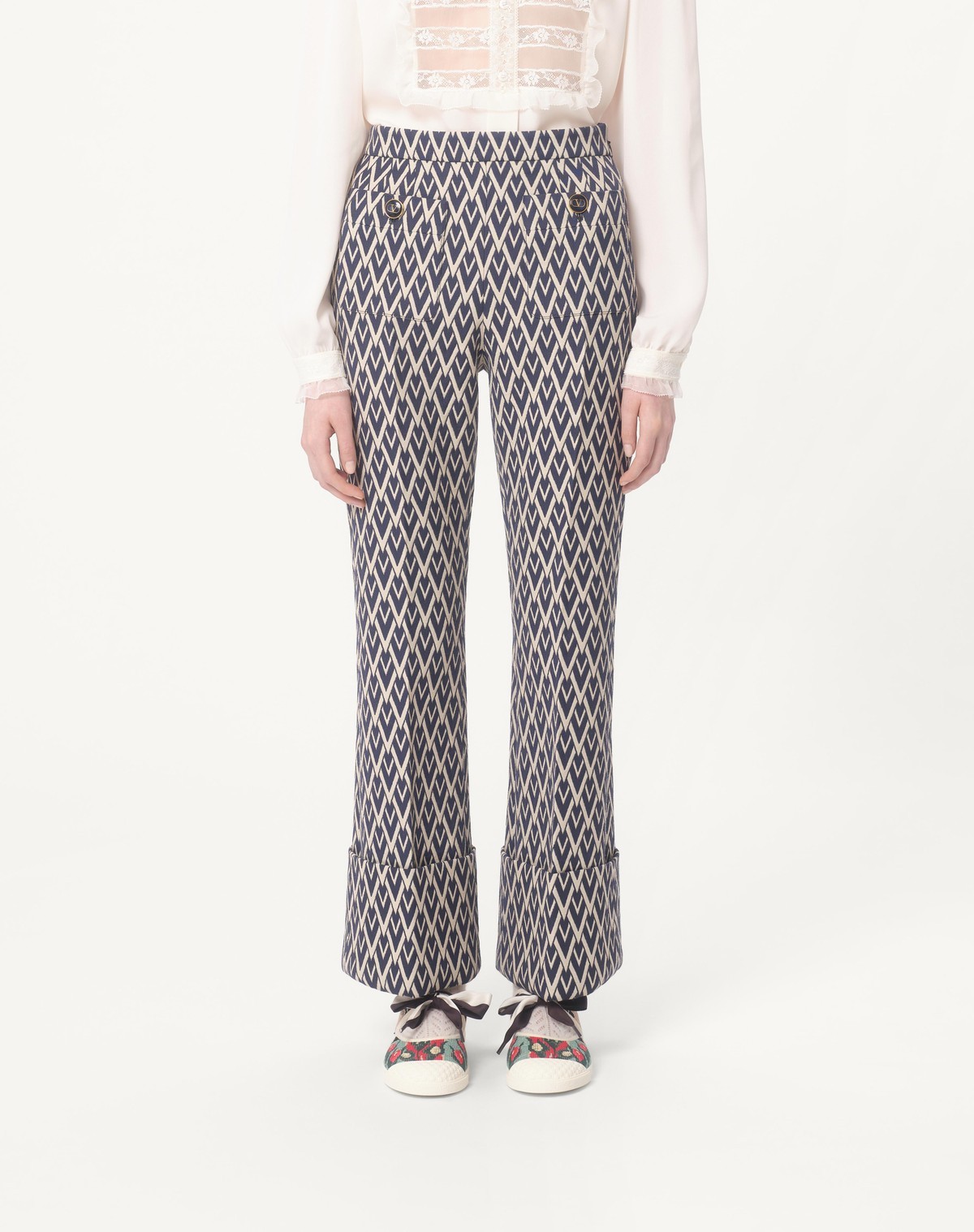 Valentino Geometric Pattern Cuffed Hem Trousers In Gray