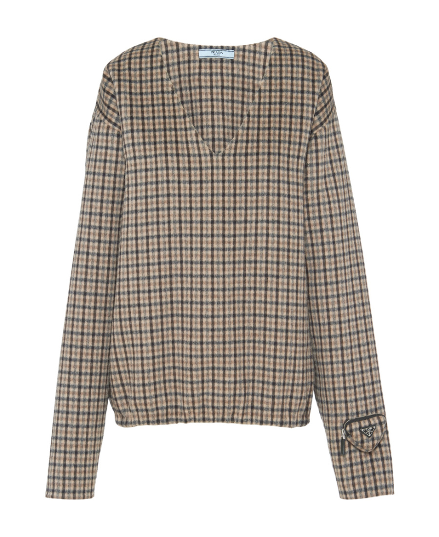 Prada Check Pattern V-neck Angora-virgin Wool Blend Top In Nude