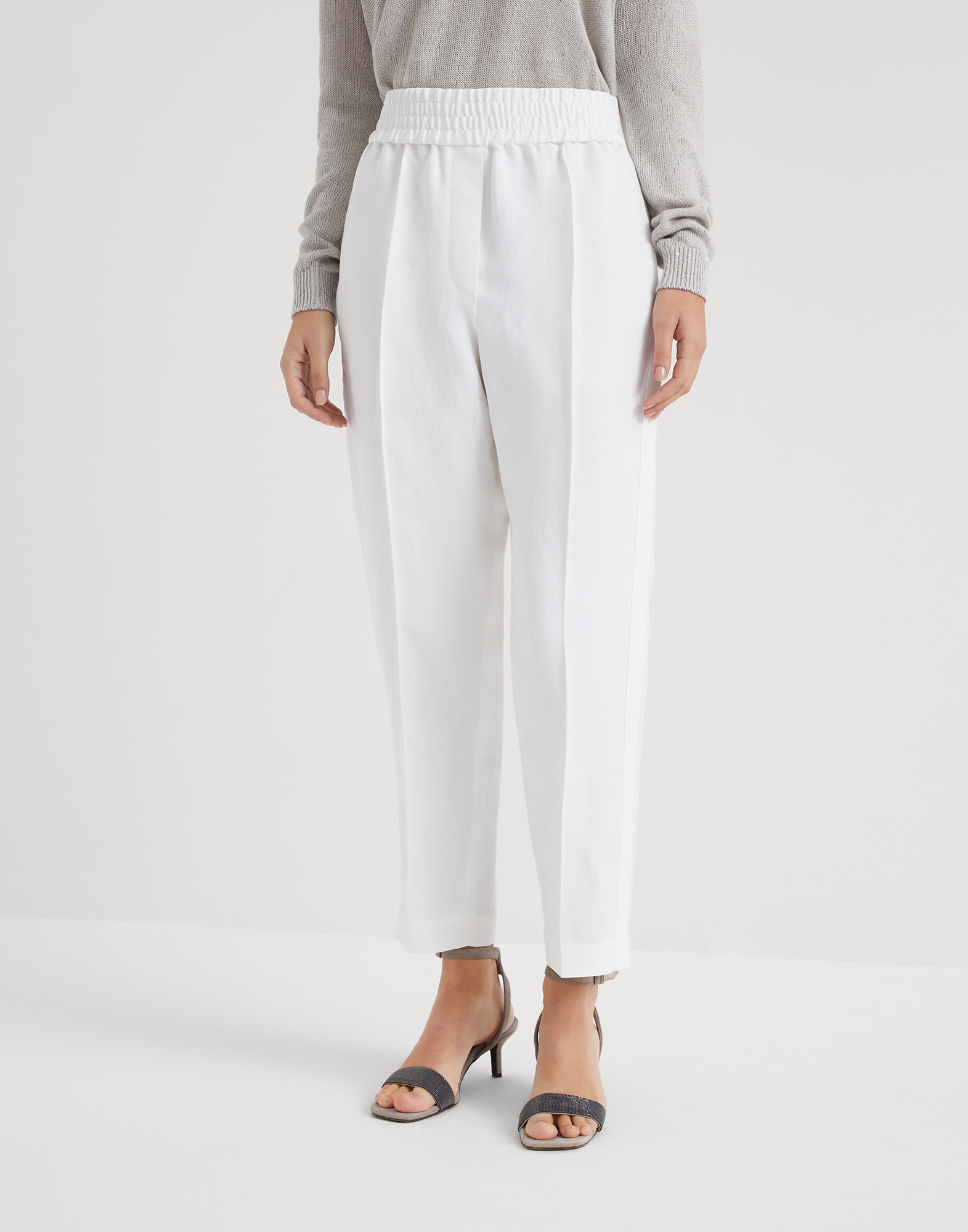 Brunello Cucinelli Cropped Stripe Detail Trousers In White