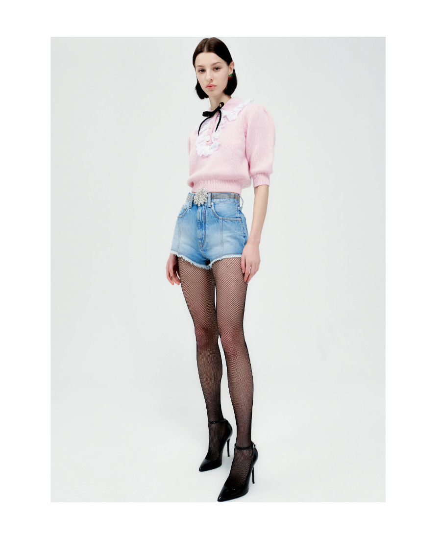 Alessandra Rich Embroidered Logo Denim Shorts In Blue