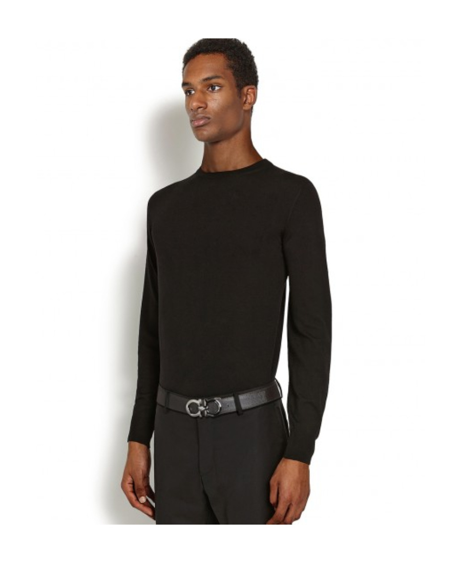 Ferragamo Salvatore Man's Bicolor Leather Belt With Logo Buckle In Black