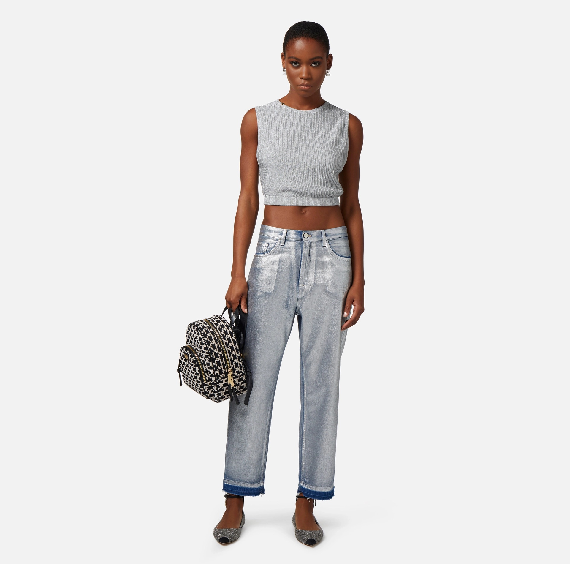 Elisabetta Franchi Laminated Mid-rise Boyfriend Jeans In Gray