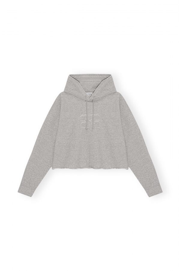 Ganni Logo Embroidered Drawstring Cropped Hoodie In Gray