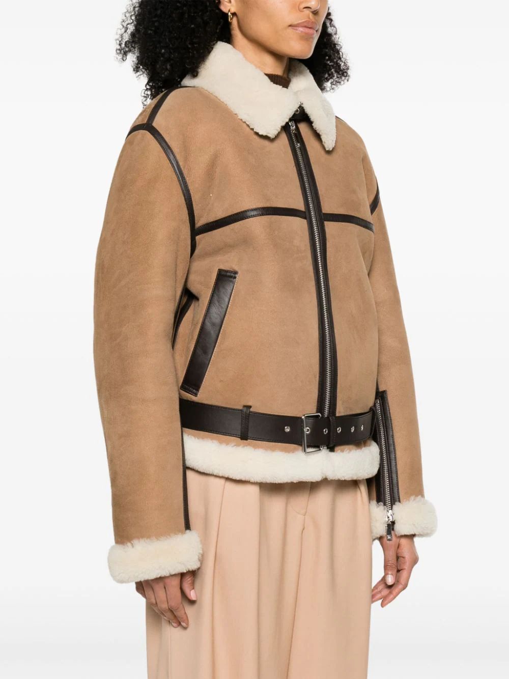 Totême Sheep Shearling Belted Aviator Jacket In Nude